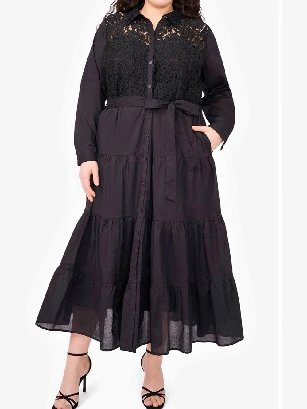 Black Lace Bodice L/S Tiered Maxi Dress - Like New